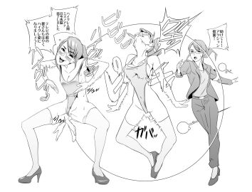 beam before_and_after business_suit corruption female femsub glasses haigure happy_trance high_heels leotard person_of_rom spread_legs text thighhighs tongue tongue_out translation_request
