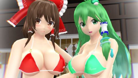 2023 2girls 3d bikini bikini_top blush breasts brown-eyed_female brown-haired_female clavicle cleavage duo_female duo_focus female frog_hair_ornament green-eyed_female green-haired_female green_bikini_top hati_yukkuri_mmd holding_each_other human indoors interior_background jpeg light-skinned_female light_skin long-haired_female looking_at_viewer midriff mmd open_mouth red_bikini_top red_ribbon reimu_hakurei sanae_kochiya short-haired_female shrine shrine_maiden smiling_at_viewer snake_hair_ornament swimsuit touhou white_background
