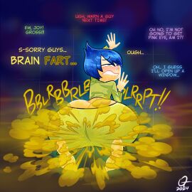 1girls apologizing artist_signature ass ass_focus barefoot big_ass biting_lip biting_own_lip blush blushing bubble_butt butt_crack color dialogue disgusted disney embarrassed english_text eyes_rolling_back fart fart_cloud fart_everywhere fart_fetish farting female female_focus fully_clothed huge_ass humor inside_out joy_(inside_out) leaning_on_wall looking_pleasured oddtenn offscreen_characters on_knees onomatopoeia pixar relief simple_background solo solo_focus sweat sweating tenuousoddity tight_clothing