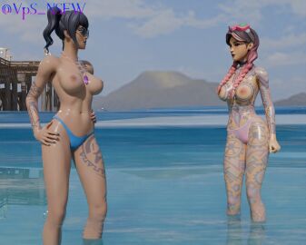 2girls 3d beach beach_jules big_breasts bikini bikini_bottom breasts choker cowlick crystal_(fortnite) female fortnite glasses goggles goggles_on_head jules_(fortnite) looking_at_each_other multicolored_hair multiple_females multiple_girls necklace public public_nudity scuba_crystal_(fortnite) tattoo tattoos tattoos_everywhere topless topless_female vps_nsfw