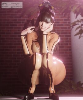 1girls 3d ass big_ass black_hair bodysuit eve_(stellar_blade) female female_only looking_at_viewer male penis peterraynor pinching_gesture small_penis_gesture small_penis_humiliation solo squatting stellar_blade wide_hips