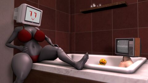 artist_upload ass bathroom big_ass big_breasts bikini breasts clothed female grey male red_eyes robot_girl sfm skin thick_thighs tv_head