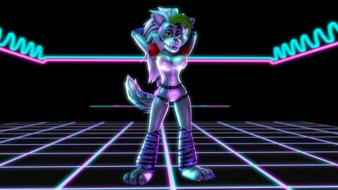 3d 4k animatronic arms_up belt dark_room disboi215 earrings female five_nights_at_freddy's five_nights_at_freddy's:_security_breach fnaf furry green_hair grey_body hands_behind_head highres lipstick looking_at_viewer naked naked_female neon_lights pink_nipples purple_lipstick robot roxanne_wolf_(fnaf) sfm shiny_body shiny_skin silver_body silver_hair solo source_filmmaker spiked_belt yellow_eyes