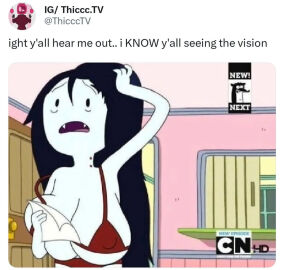 1girls adventure_time big_breasts bra bra_strap_slip breast_focus breasts brick_by_brick cartoon_network copyright edit edited female female_focus female_only marceline meme nipple_bulge nipples_visible_through_clothing panties print red_bra red_panties repost screenshot screenshot_edit the_phantom_editor twitter twitter_post vampire vampire_girl