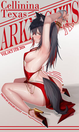 1girls 2024 animal_ear_fluff animal_ears arknights armpits arms_behind_back arms_up artist_name artist_signature bare_back black_hair blush bondage bound breasts cuffs female female_only femsub fully_clothed hi_res high_heels kemonomimi knightfault light-skinned_female light_skin long_hair looking_at_viewer looking_back medium_breasts no_bra no_panties simple_background solo tail texas_(arknights) tied tied_hands tied_up wolf_ears wolf_girl wolf_tail yellow_eyes