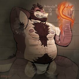 anthro bodily_fluids body_hair chest_hair dragon elemental_manipulation enyuskii fire fire_manipulation male mythological_creature mythological_scalie mythology overweight overweight_male pubes scalie solo sweat