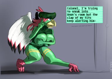 absurd_res anthro breasts dialogue feathers female generation_2_pokemon hi_res holding_breast nintendo nude nude_anthro nude_female pokemon pokemon_(species) simple_background sneaking solo temnelc wings xatu zemmy_(cosmonaut)