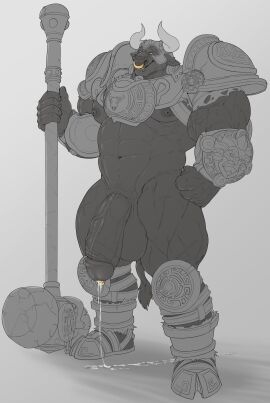 2024 2_horns abs absurd_res anthro armor balls big_balls big_penis black_and_white blizzard_entertainment bodily_fluids bovid bovine breastplate clothing cum european_mythology facial_piercing fur furrywatch gauntlets genital_fluids genital_piercing genitals gloves greaves greek_mythology hammer handwear headgear helmet hi_res hooved_plantigrade hooved_toes hooves horn leaking_cum male male_only mammal melee_weapon minotaur minotaur_reinhardt monochrome muscles muscular muscular_thighs mythology nipples nose_piercing nose_ring overwatch overwatch_2 pecs penis penis_piercing piercing plantigrade polearm poleyn prince_albert_piercing reinhardt ring_piercing septum_piercing septum_ring solo spaulder taighet_28 tail tail_tuft tools torn_clothing tuft vein veiny_muscles veiny_penis weapon yellow_eyes