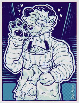 alcohol anthro bangs beverage big_penis canid canine canis clothing crop_top cropped_hoodie dude fangs foreskin genitals gesture glistening glistening_pawpads grin hair hat headgear headwear hi_res humanoid_genitalia humanoid_penis male mammal markings messy_hair olifawn pawpads paws penis shirt smile solo spots spotted_markings teeth tongue tongue_out topwear uncircumcised wave wolf