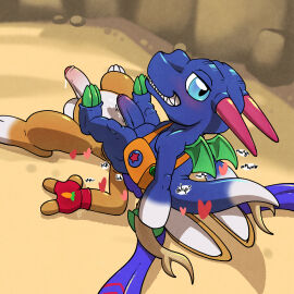 angry antler_grab antlers argon_vile balls bandai_namco bar_emanata blue_body blue_eyes blue_scales bodily_fluids brown_body brown_fur clothing digimon dragon dripping duo emanata english_text erection facesitting fingerless_gloves foreskin fur genital_fluids genitals gloves grin handwear heart_symbol hi_res horn lightning_bolt looking_at_viewer looking_back looking_back_at_viewer lying male male/male messenger_bag on_back onomatopoeia penis precum precum_drip pyontomon rurimon scales scalie sharp_teeth sitting_on_another smile smug sound_effects teeth text uncircumcised wings