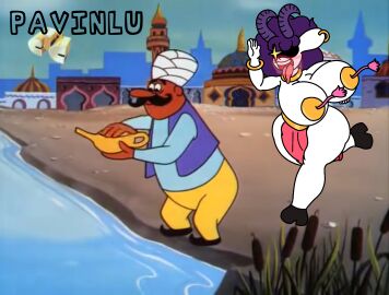 1boy 1girls ahe_gao ass bare_arms bare_legs bare_midriff bare_shoulders big_ass big_breasts big_butt breasts collar dancer_girl dancer_outfit earrings female furry goat gold_bracelet gold_jewelry golden_bra harem_outfit hoop_earrings horns horny huge_breasts male meme pldrawings purple_hair the_woody_woodpecker_show white_skin woody_woodpecker