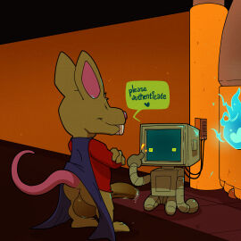 ambiguous_gender anus argon_vile backsack balls ballsack bar_emanata big_balls bot_talk bottomless bottomless_male clothed clothing cords crossed_arms dialogue door duo emanata english_text enter_the_gungeon erection genitals gesture hand_gesture hi_res keypad kneeling machine male male/ambiguous male_focus male_only mammal murid murine penis pointing pointing_at_self precum precum_drip rat resourceful_rat robot rodent speech_bubble text the_robot_(enter_the_gungeon)