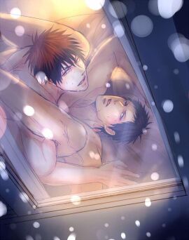 2boys aomine_daiki blue_hair daiki_aomine gay kagami_taiga kuroko's_basketball kuroko_no_basuke legs_up male male_only missionary_position no_visible_genitalia red_eyes red_hair snow taiga_kagami tan_skin window