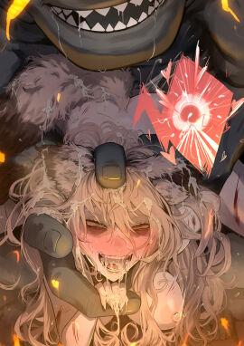 absurdres ape arm_grab arm_held_back blonde_hair blue_hair blush breasts completely_nude crying crying_with_eyes_open cum defeat female freckles haplorhine injury long_hair medium_breasts monster nipples nude open_mouth primate pussy red_eyes restrained ryona sex sex_from_behind shitappa0120 size_difference straight tears torn_clothes vaginal_penetration zoophilia