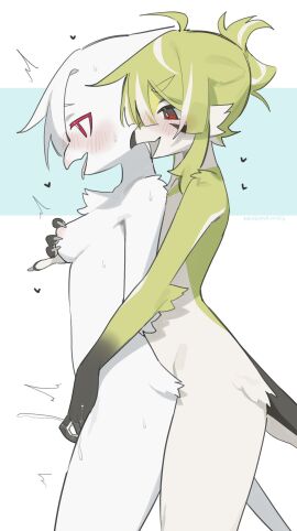 2girls anthro ass avian beak bird blush bodily_fluids breasts duo feathers female female/female female_only finger_fuck fingering genital_fluids green_body green_feathers hi_res kaltespur masturbation nipples nude open_mouth pussy red_eyes simple_background tail vaginal_fluids vaginal_penetration white_body white_feathers yuri