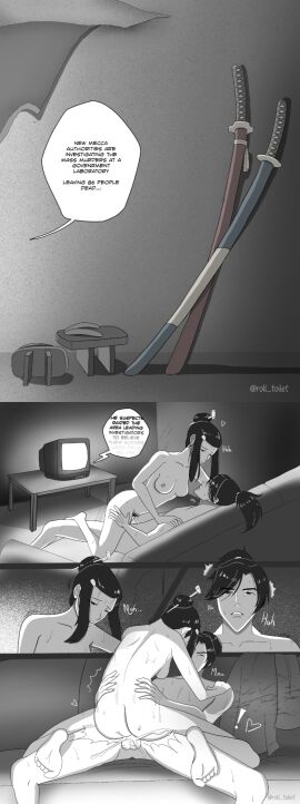 1boy 1girls black_and_white black_hair comic cowgirl_position female good_end katana_zero male roll_toilet snow_(katana_zero) sofa tagme zero_(katana_zero)