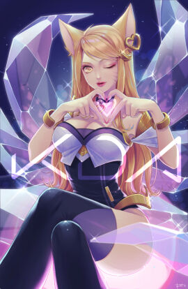 1girls a0k0 ahri blonde_hair clothed clothing crossed_legs earrings female female_focus female_only fox fox_ears fully_clothed heart k/da_ahri k/da_series kitsune league_of_legends looking_at_viewer multi_tail sitting tail tails thighhighs wink