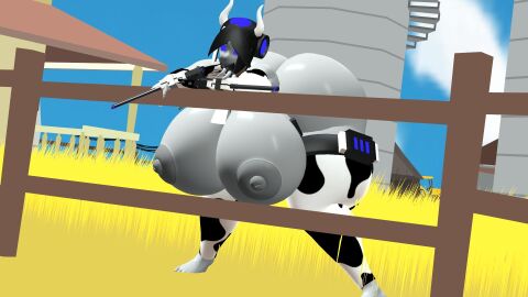 1girls ass bent_over breasts cow_print cowprint exposed_breasts female fence huge_ass huge_breasts massive_ass massive_breasts retrotune vrchat vrchat_avatar