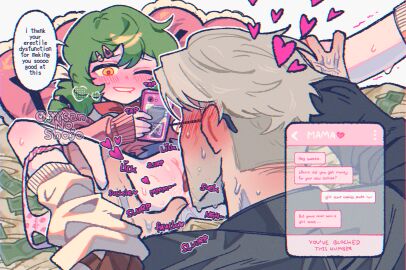 age_difference age_gap blush blushing cunnilingus degradation degradation_text female femdom glasses green_hair gyaru heart male money ojiisannoshojo old_male older_male older_male_and_younger_female onomatopoeia original original_characters pale_skin panties panties_around_leg pathetic_male prostitution pussy pussy_juice school_uniform sweat teenage_female teenager texting tongue white_hair yellow_eyes younger_female