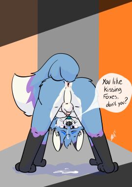 absurd_res anatomically_correct anatomically_correct_genitalia animal_genitalia animal_penis anthro anus balls balls_blush barely_visible_genitalia barely_visible_penis blue_body blue_fur blush bodily_fluids body_blush canid canine canine_genitalia canine_penis cute_fangs digital_media_(artwork) english_text fox fur gay gay_anal gay_sex genital_fluids genitals grey_body hair hi_res homosexual homosexual_male homosexual_sex male male/male male_only male_penetrated male_penetrating male_penetrating_male mammal paws penile penis penis_tip pink_anus pink_penis precum presenting presenting_anus purple_body purple_eyes raposanaranja red_body red_fur shaded sheath simple_background simple_coloring simple_shading smile smiling_at_viewer solo spread_anus spreading tail teasing teasing_viewer text whiskers yaoi