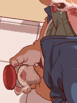 anthro bathroom bodily_fluids clothed clothing cum cum_collecting erection felid foreskin genital_fluids genitals hi_res male mammal masturbation pantherine partially_retracted_foreskin penis pubes public public_restroom retracted_foreskin saadness sadness_hao solo teeth tiger tongue tongue_out uncircumcised