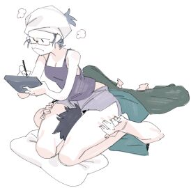 1boy 1girls aqua_shirt bare_legs barefoot black_hair blue_hair breasts camisole casual casual_clothes cleavage closed_mouth cunnilingus cunnilingus_through_clothes drawing_tablet expression_request facesit facesitting female full_body glasses green_pants hair_bun hand_on_thighs head_between_thighs holding holding_drawing_tablet holding_stylus knees leaning_forward light_blue_hair lying male original pants pillow purple_camisole purple_shorts pussy pussy_worship seiza shirt short_hair short_shorts short_sleeves shorts side_slit sido_(slipknot) sidotama simple_background sitting sitting_down sitting_on_face sitting_on_person sketch straight stylus t-shirt thick_thighs thigh_grab thighs towel towel_on_head white_background