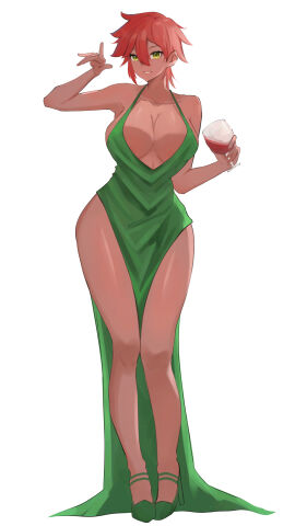 1girls alcohol breasts cleavage collarbone cup curvy curvy_female curvy_figure dark-skinned_female dark_skin dress drinking_glass evening_gown female green_dress green_eyes hainomajoeraina hair_between_eyes hair_over_one_eye high_heels holding_cup huge_breasts looking_at_viewer lyra_(itsnafulol) red_hair shiny_clothes short_hair smile thick_thighs thighs tomboy wide_hips wine wine_glass