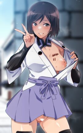 1girls ass_visible_through_thighs blush breasts brown_eyes brown_hair censored contrapposto em_(totsuzen_no_hakike) female female_only flashing heart heart_censor japanese_clothes kuroda_kunika large_breasts looking_at_viewer medium_breasts medium_hair nipple_piercing nipples no_bra no_panties noble_witches one_breast_out open_clothes outdoors piercing pleated_skirt pubic_hair pussy skirt smile solo sweat tally_marks vambraces world_witches_series