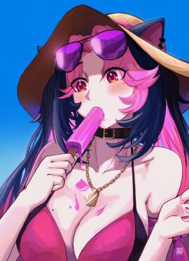 1girls 2d 2d_(artwork) animal_ears big_breasts bikini bikini_top blue_hair breasts cleavage day eating female female_focus female_only front_view hat high_resolution highres holding_popsicle latam_virtual_youtuber light-skinned_female light_skin long_hair mole mole_on_breast mole_under_eye outdoors pink_bikini pink_bikini_top pink_eyes pink_hair pink_nails popsicle shura_hiwa sky slim_female solo solo_female solo_focus standing summer summer_hat sunglasses sunglasses_on_head two-tone_hair virtual_youtuber vjin vtuber vtuberfanart young younger_female