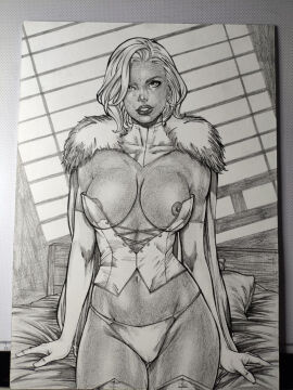 big_breasts black_and_white breasts cleavage corset emma_frost female marvel marvel_comics matthenrystudio nipple_slip nipples thong thong_panties white_queen x-men