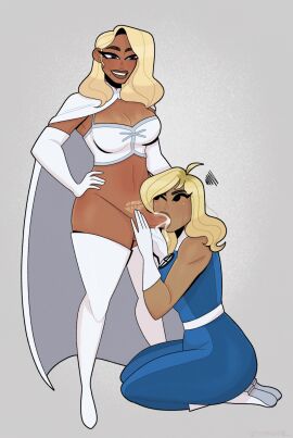 blonde_female blonde_hair blowjob cum cum_in_mouth dark-skinned_futa dark_skin emma_frost fantastic_four female futa_on_female futanari hellfire_club intersex invisible_woman marvel marvel_comics melat0nin penis speech_bubble starbryte sue_storm trans_woman transfem trimmed_pubic_hair white_queen x-men