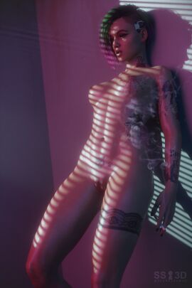 3d 3d_(artwork) casual casual_nudity cyberpunk_2077 judy_alvarez secretsam3d smoking tattoo