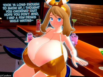1girls 3d 3d_(artwork) areola areola_slip areolae areolae_slip big_areola big_areolae blue_eyes blush blush_lines blushing_at_viewer breast_expansion breast_growth breast_growth_(enlargement) breasts breasts_bigger_than_head breasts_focus brown_hair cans cleavage cleavage_overflow cyshen drink drinking drinks expanding expansion female gigantic_breasts golden_clothing golden_week growing growth headgear headwear huge_breasts hyper_breasts indoor indoors large_areolae large_breasts massive_breasts may_(pokemon) movement_lines nipple_outline nipples nipples_visible_through_clothing pokemon revealing_clothes sideboob sitting slosh sloshing_breasts smile smiling smiling_at_viewer staring_at_viewer talking talking_to_viewer teasing text watermark