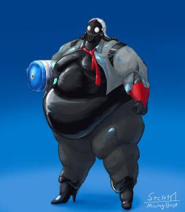 1girls bbw belly_overhang big_breasts black_body black_gas_mask black_pants black_skin breasts bursting_clothes chaos_director_(fortnite) chug_jug fat female fist fortnite fortnite:_battle_royale gas_mask grey_suit high_heels holding_object mineredgar obese obese_female overweight overweight_female red_tie solo straight_hair white_eyes white_hair