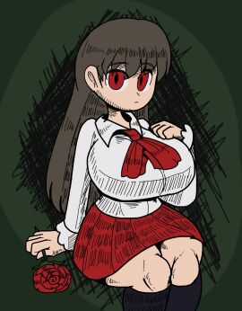 1girls aged_up ascot black_thighhighs breasts brown_hair clothed collared_shirt expressionless female female_only flower green_background hand_to_chest holding holding_flower ib ib_(character) large_breasts long_hair pleated_skirt poopishness red_ascot red_eyes red_flower red_skirt shirt solo solo_female suggestive thick_thighs thighhighs voluptuous voluptuous_female white_shirt