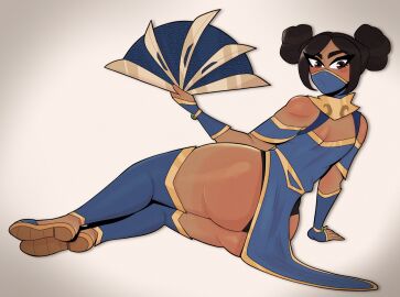 1girls artist_name artist_signature ass big_ass brown_eyes brown_hair clothed clothed_female fan female freckles gold_jewelry hair_bun hair_buns jewelry kitana looking_back mask masked masked_female melat0nin mortal_kombat starbryte tan_skinned_female thick_thighs war_fan weapon