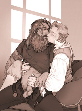 2boys balls balls_out bara beard belt blackbeard clothed clothed_sex cushion edward_teach fancy_clothing fly_open gay gay_sex hand_on_partner hand_on_waist handjob handjob_from_behind kissing leaning_on_person leather_pants long-haired_male long_beard long_hair male male_only monochrome old_male our_flag_means_death pants_open penis pillows pirate realistic_penis_size realistic_proportions shirt_lift sitting stede_bonnet stuckinapit tattoos touching touching_penis yaoi