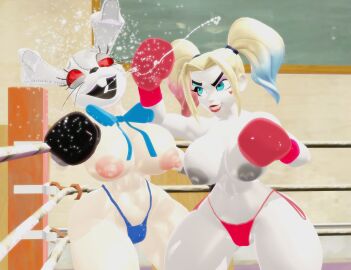 2girls 3d 3d_(artwork) abs batman_(series) big_breasts big_thighs bikini_bottom black_boxing_gloves black_gloves blue_highlights boxing boxing_gloves boxing_ring breasts catfight crossover cyan_eyes dc dc_comics duo eyeshadow female female_focus female_only fight fighting fighting_ring five_nights_at_freddy's five_nights_at_freddy's:_security_breach gloves gym harley_quinn harley_quinn_(multiversus) huge_breasts indoors josugomezofficialnew kabalmystic_(style) large_breasts lips lipstick long_hair makeup multicolored_hair multiversus platinum_blonde_hair punch punching red_boxing_gloves red_gloves red_highlights red_lipstick ryona saliva thick thick_thighs thighs thong topless topless_boxing topless_female twintails uppercut vanny_(fnaf) wide_hips