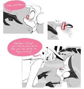 2024 2boys artist_request blush blushing comic comic_page demon demon_boy demon_humanoid english_text gay glasses hazbin_hotel humanoid male moth moth_humanoid sucking_fingers tie_pull valentino_(hazbin_hotel) vox's_assistant_(hazbin_hotel) vox_(hazbin_hotel)