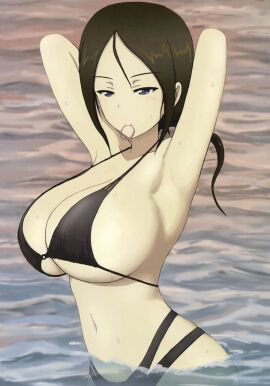 1girls adjusting_hair armpits arms_behind_head beach big_breasts bikini black_bikini blue_eyes breasts brown_hair bukkuri busty cleavage female female_only girls_und_panzer half-closed_eyes hi_res highres large_breasts legs long_hair mouth_hold navel nonna_(girls_und_panzer) ocean pose posing sensual sexy sexy_armpits sexy_pose sideboob smile solo source_request swimsuit thighs voluptuous water wet