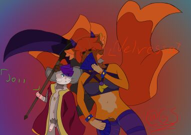 2025 2_tails absurd_res anthro bottomless bottomless_anthro canid canine clothed clothing duo english_text fan_character fans female female/female fox gamestory genitals hi_res joii_rat magic magic_user male male/male mammal melee_weapon multi_tail murid murine nelvessa_fox penis piercing polearm rat ring_piercing rodent scythe tail text vulva weapon