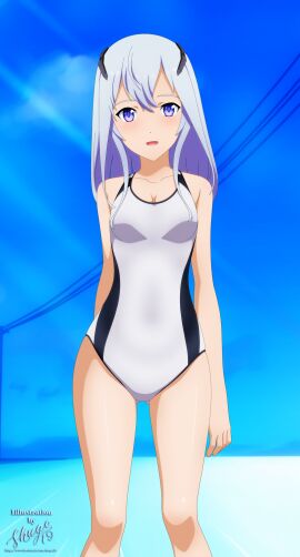 1girls 2d 2d_(artwork) 2d_artwork arm_behind_back bare_arms bare_hands bare_knees bare_legs bare_shoulders bare_skin bare_thighs beatless bikini blue_background blue_sky breasts collarbone day daylight daytime digital digital_art digital_drawing digital_drawing_(artwork) digital_media digital_media_(artwork) exposed_arms exposed_knees exposed_legs exposed_shoulders exposed_skin exposed_thighs female female_focus female_only fingers hair_between_eyes hair_ornament hair_ornaments hand_behind_back high_resolution highres knees lacia_(beatless) lean_figure long_hair looking_at_viewer narrow_waist one-piece_swimsuit open_mouth open_mouth_smile outdoor outdoors outside parted_lips purple-eyed_female purple_eyes shoulders shugo19 simple_background sky slender_body slender_waist slim_waist small_breasts smile smiley_face smiling smiling_at_viewer solo standing swimsuit swimwear thigh_gap thighs tongue upper_body white-haired_female white_background white_bikini white_eyebrows white_hair white_one-piece_swimsuit white_swimsuit white_swimwear