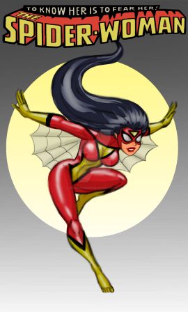 artstyle_imitation black_hair female gloves jessica_drew johnnyharadrim marvel marvel_comics mask red_suit spider-woman superhero_costume superheroine