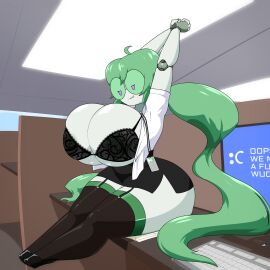 1girls arms_up ass barely_contained barely_contained_breasts big_ass big_breasts bit_(zedrin) bra breasts busty clothing computer cubicle female female_only garter_straps glasses green_hair huge_breasts indoors keyboard large_breasts legwear name_tag office_lady original png robot robot_girl shirt shoes sitting sitting_on_desk skirt smile smug solo thick_thighs wide_hips zedrin
