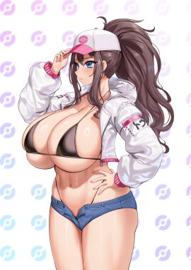 1girls aged_up alternate_breast_size ass_hanging_out ass_hanging_out_of_shorts bikini bikini_top blue_eyes blush booty_shorts breasts brown_hair disinterested emotionless emotionless_female female hat hi_res hilda_(pokemon) huge_breasts jacket jingb_dx light-skinned_female light_skin long_hair naughty_face nintendo pokemon pokemon_bw ponytail short_shorts shorts skimpy thick_thighs thong_straps tomboy unbothered uncaring