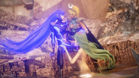 1boy 2girls 3d artemis_(megami_tensei) artemis_(smt) blonde_hair blowjob blue_hair boob_window breasts cum fellatio female green_hair hand_on_head hand_on_thigh long_hair looking_pleasured male merfolk mermaid mermaid_(shin_megami_tensei) nahobino_(smt) penis penis_in_bodysuit shin_megami_tensei shin_megami_tensei_v straight straight_sex sucking_penis threesome tongue tongue_out yellow_eyes