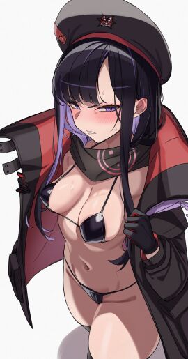 absurdres angry beret bikini black_bikini black_coat black_gloves black_hair breasts coat colored_inner_hair covered_erect_nipples disgust eunhwa_(nikke) eunhwa_(tactical_upgrade)_(nikke) female gloves goddess_of_victory:_nikke hat highres large_breasts long_hair multicolored_hair navel pissed_off purple_eyes purple_hair simple_background solo stomach swimsuit thighs two-tone_hair white_background yuina64nhk