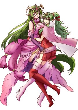 2girls ass ass_in_dress asymmetrical_docking bare_thighs big_ass boots breast_press breasts cape cleavage dress female female_only fire_emblem fire_emblem_awakening frown garter_straps gloves green_eyes green_hair high_heels large_breasts long_hair looking_at_viewer looking_back medium_breasts multiple_females multiple_girls nagi_(fire_emblem) nintendo pelvic_curtain pointy_ears ponytail skindentation smile thick_thighs thigh_boots thighs tiki_(fire_emblem) tiki_(fire_emblem)_(adult) very_long_hair white_background will_(willanator93) willanator