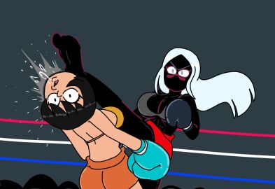 2girls abs alien alien_girl alien_humanoid bikini_top black-skinned_female black_boxing_gloves black_gloves black_hair black_skin boxing boxing_gloves boxing_ring breasts crossover cyan_boxing_gloves cyan_gloves duck_dodgers duo female female_focus female_only fight fighting_ring gloves human jucika kick kicking light-skinned_female light_skin long_hair looney_tunes martian martian_(duck_dodgers) mézga_család queen_tyr'ahnee ryona short_hair shorts syn2nite syndication thighs warner_bros warner_brothers white_hair