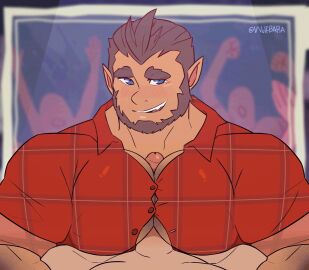 2d 2d_animation animated bara beard biceps big_pecs big_penis blush boner clothing erection gay hairy_chest humanoid_pointy_ears male male/male male_only masturbation monster_prom muscular muscular_male pec_job pecs penis scott_howl tight_clothing vvulfbara werewolf yaoi